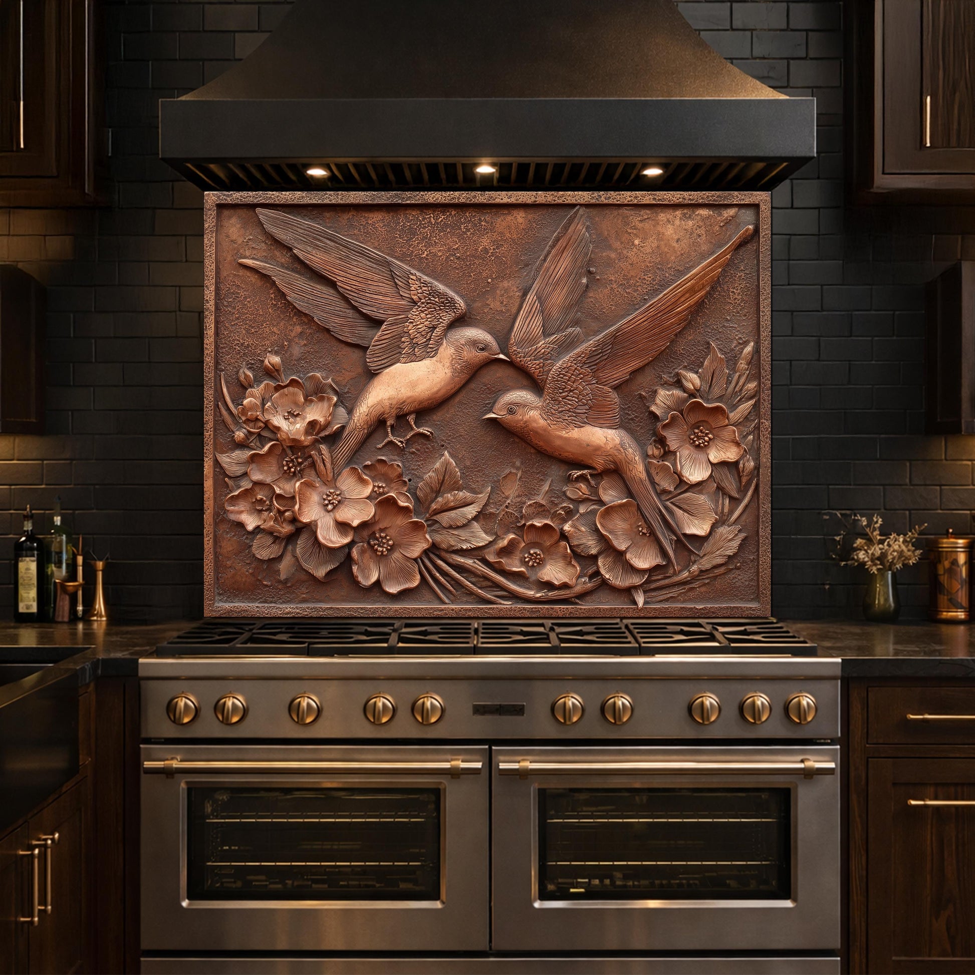 Copper Birds and Rose Relief Tempered Glass Backsplash, Rustic Metal Floral Wall Panel