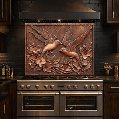 Copper Birds and Rose Relief Tempered Glass Backsplash, Rustic Metal Floral Wall Panel