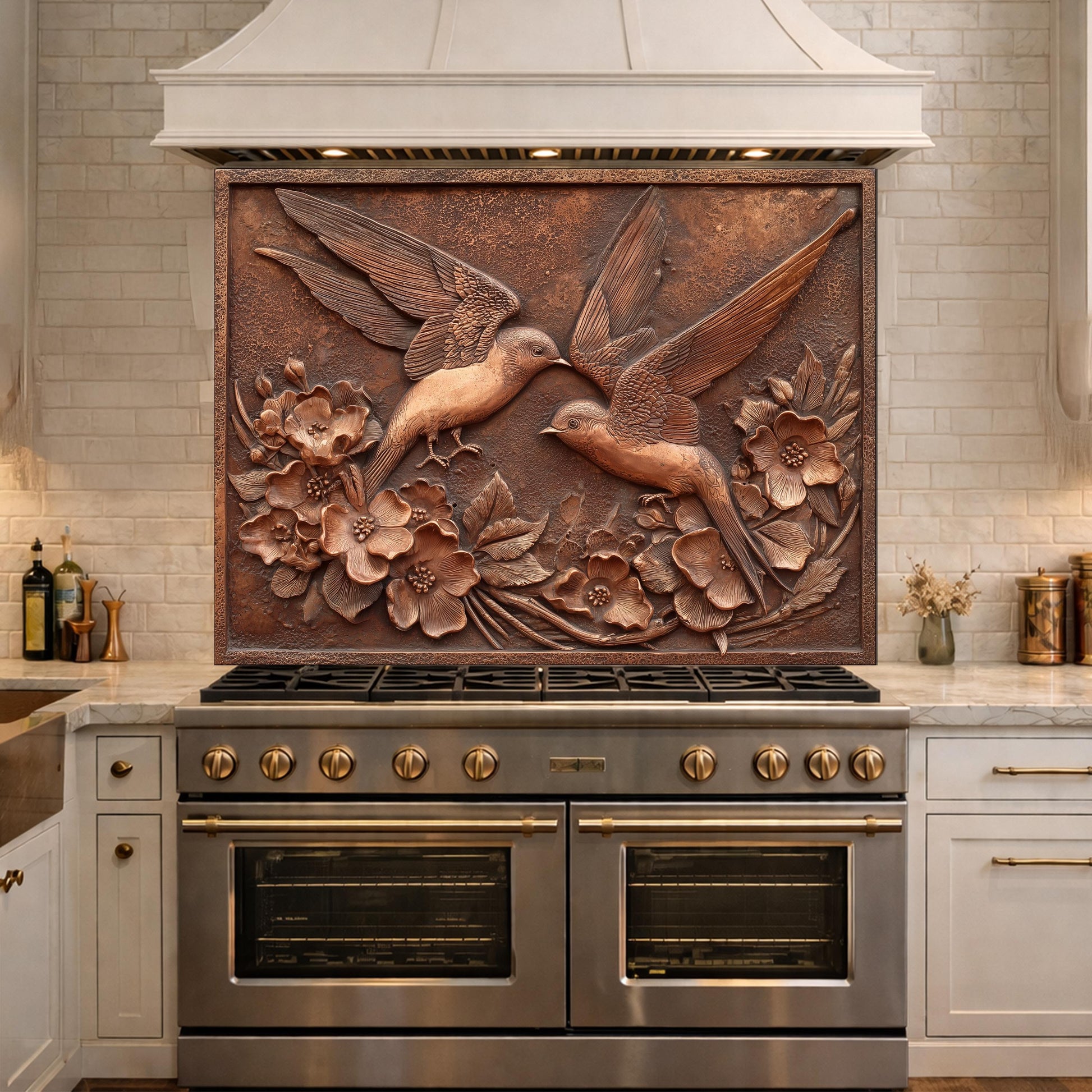 Copper Birds and Rose Relief Tempered Glass Backsplash, Rustic Metal Floral Wall Panel