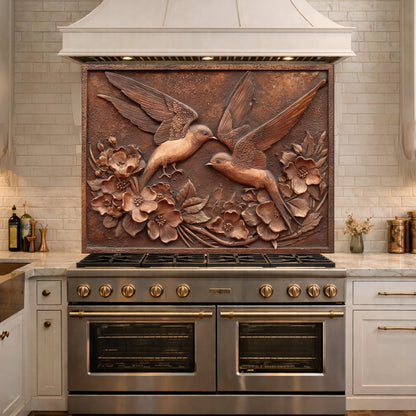 Copper Birds and Rose Relief Tempered Glass Backsplash, Rustic Metal Floral Wall Panel
