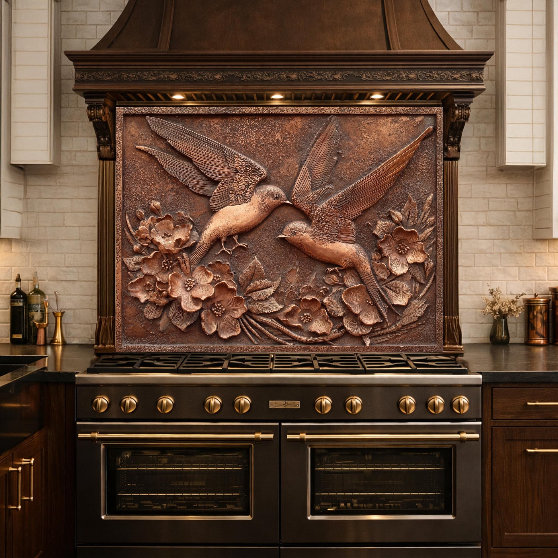 Copper Birds and Rose Relief Tempered Glass Backsplash, Rustic Metal Floral Wall Panel