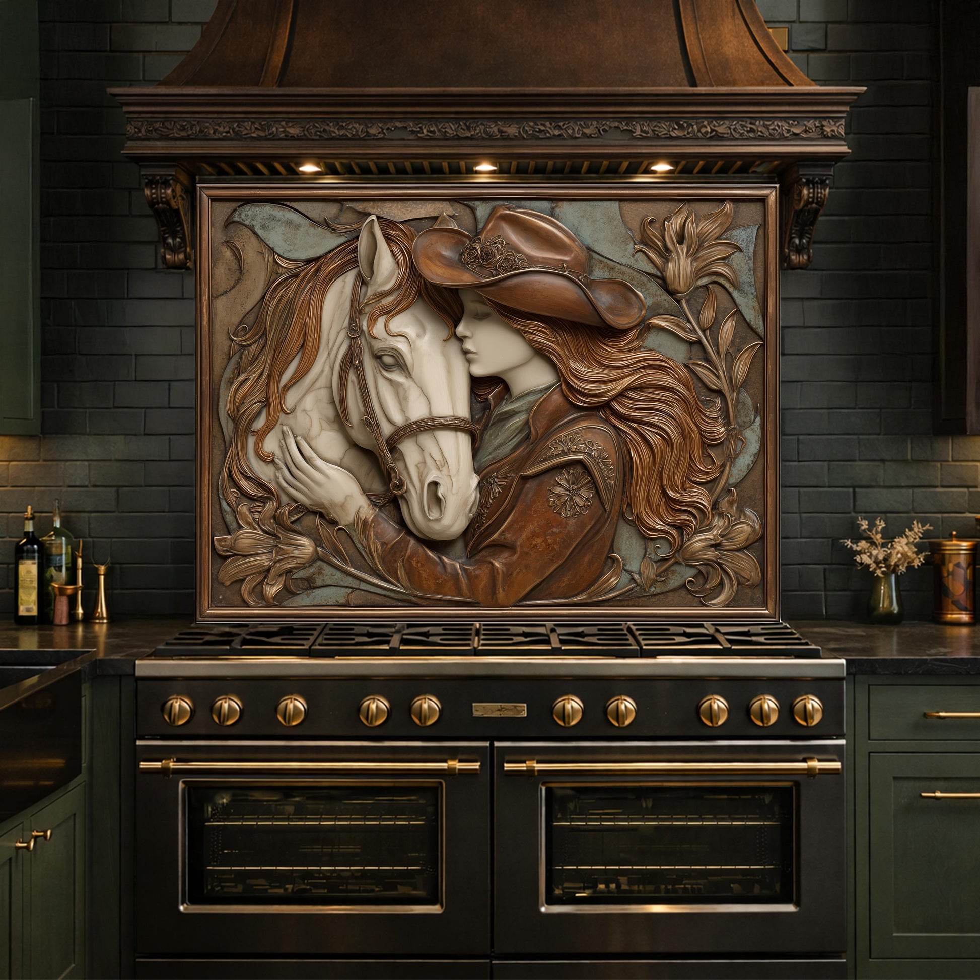 Cowgirl and Horse Bond Tempered Glass Backsplash, Western Relief Wall Panel, Stove Guard