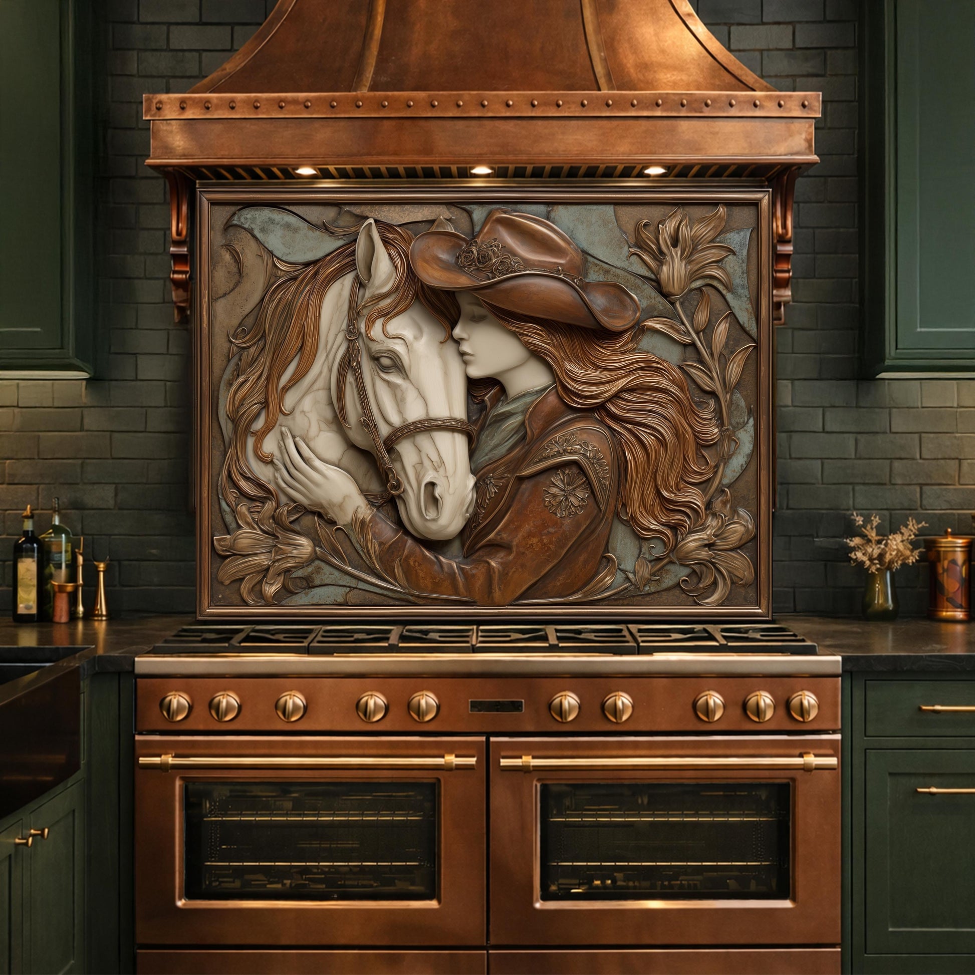 Cowgirl and Horse Bond Tempered Glass Backsplash, Western Relief Wall Panel, Stove Guard