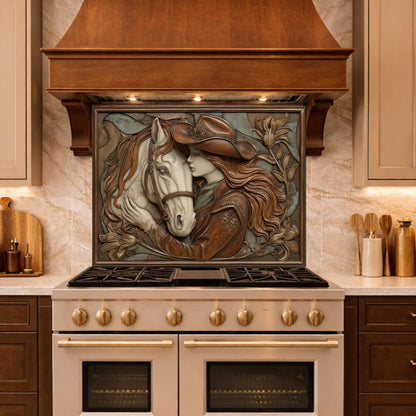 Cowgirl and Horse Bond Tempered Glass Backsplash, Western Relief Wall Panel, Stove Guard