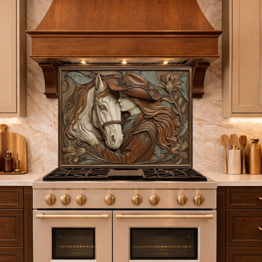 Cowgirl and Horse Bond Tempered Glass Backsplash, Western Relief Wall Panel, Stove Guard