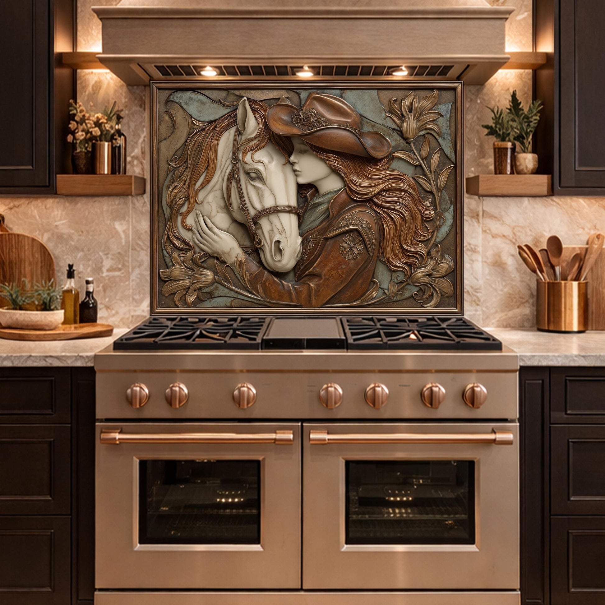 Cowgirl and Horse Bond Tempered Glass Backsplash, Western Relief Wall Panel, Stove Guard