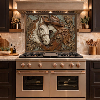 Cowgirl and Horse Bond Tempered Glass Backsplash, Western Relief Wall Panel, Stove Guard