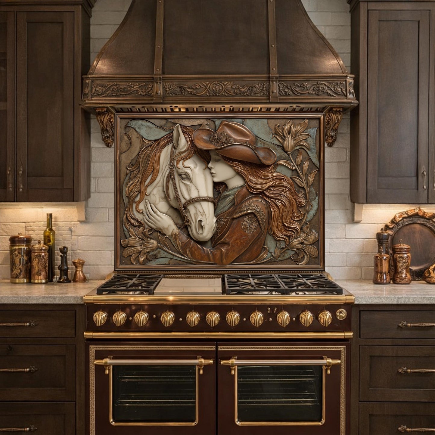 Cowgirl and Horse Bond Tempered Glass Backsplash, Western Relief Wall Panel, Stove Guard