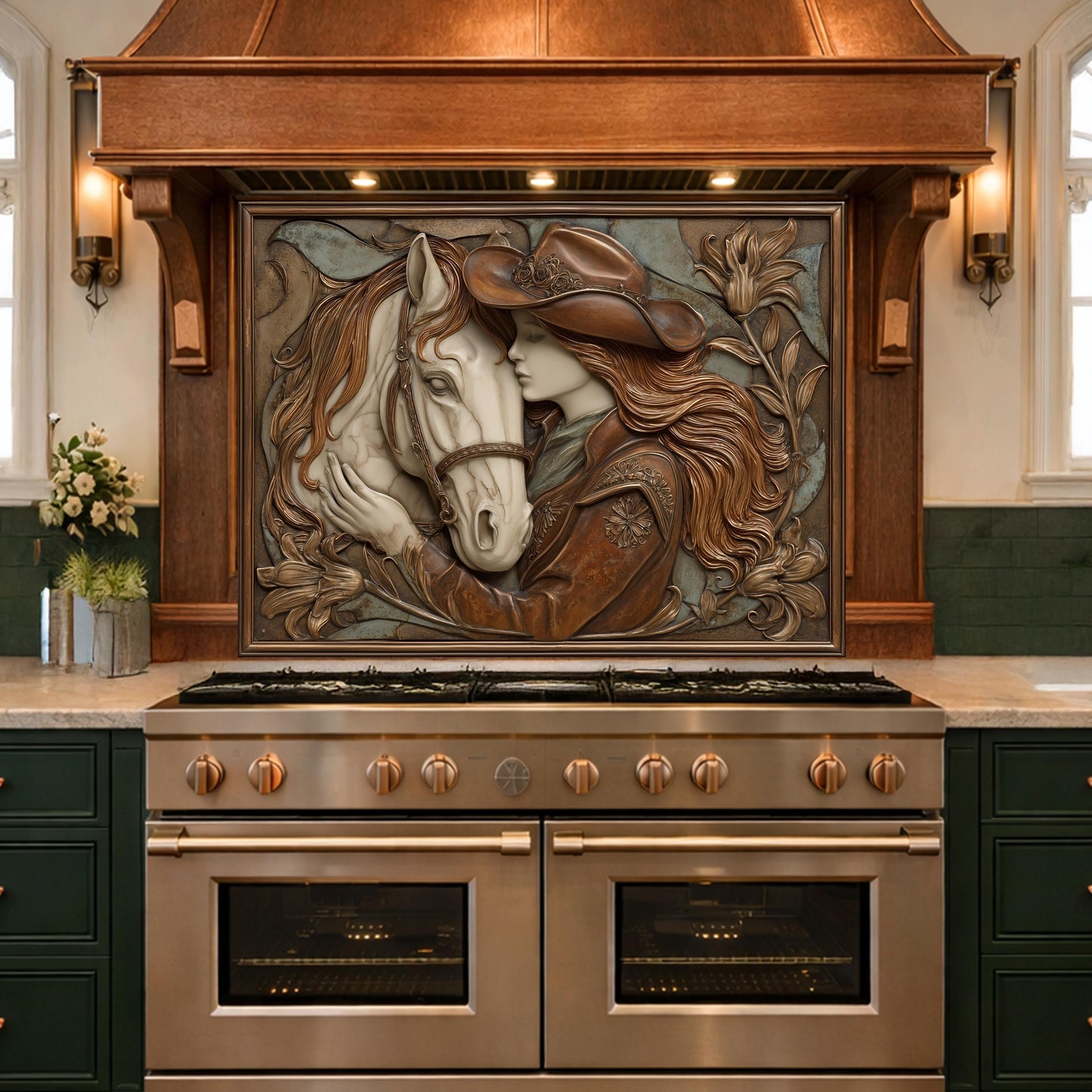 Cowgirl and Horse Bond Tempered Glass Backsplash, Western Relief Wall Panel, Stove Guard