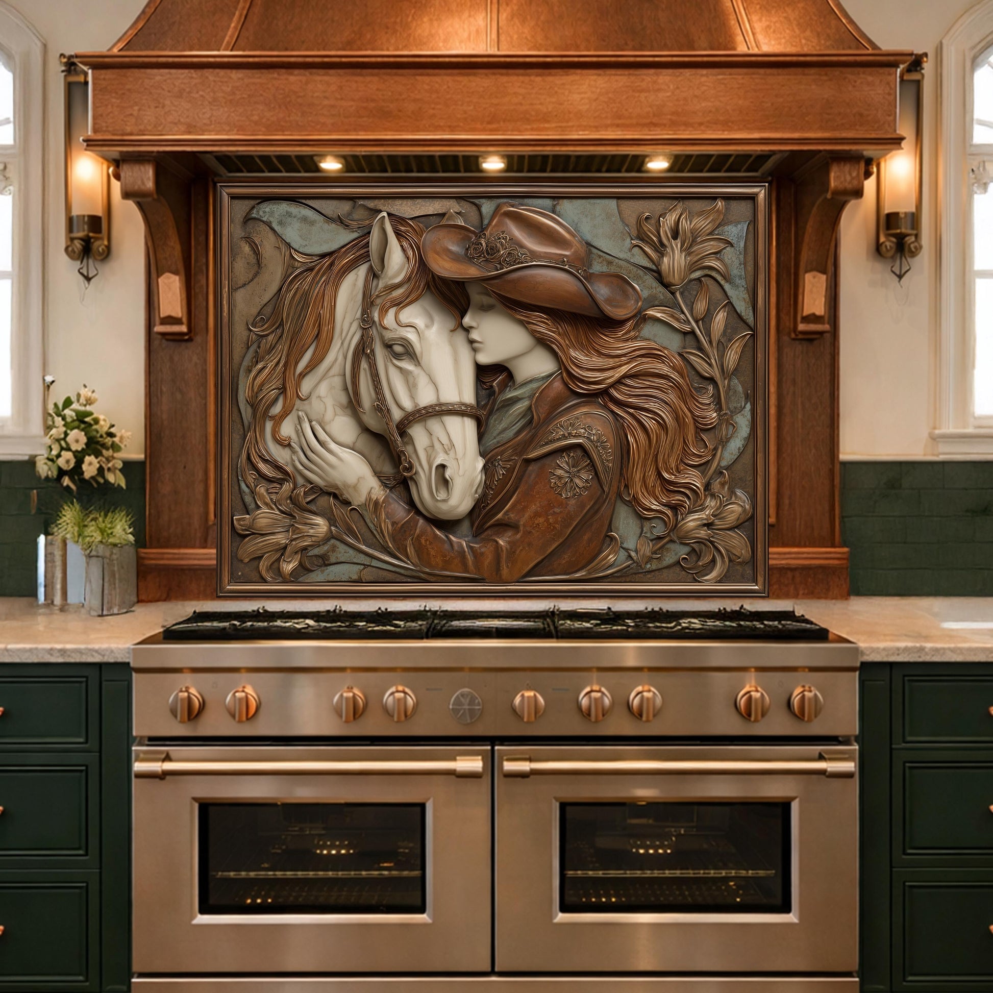 Cowgirl and Horse Bond Tempered Glass Backsplash, Western Relief Wall Panel, Stove Guard