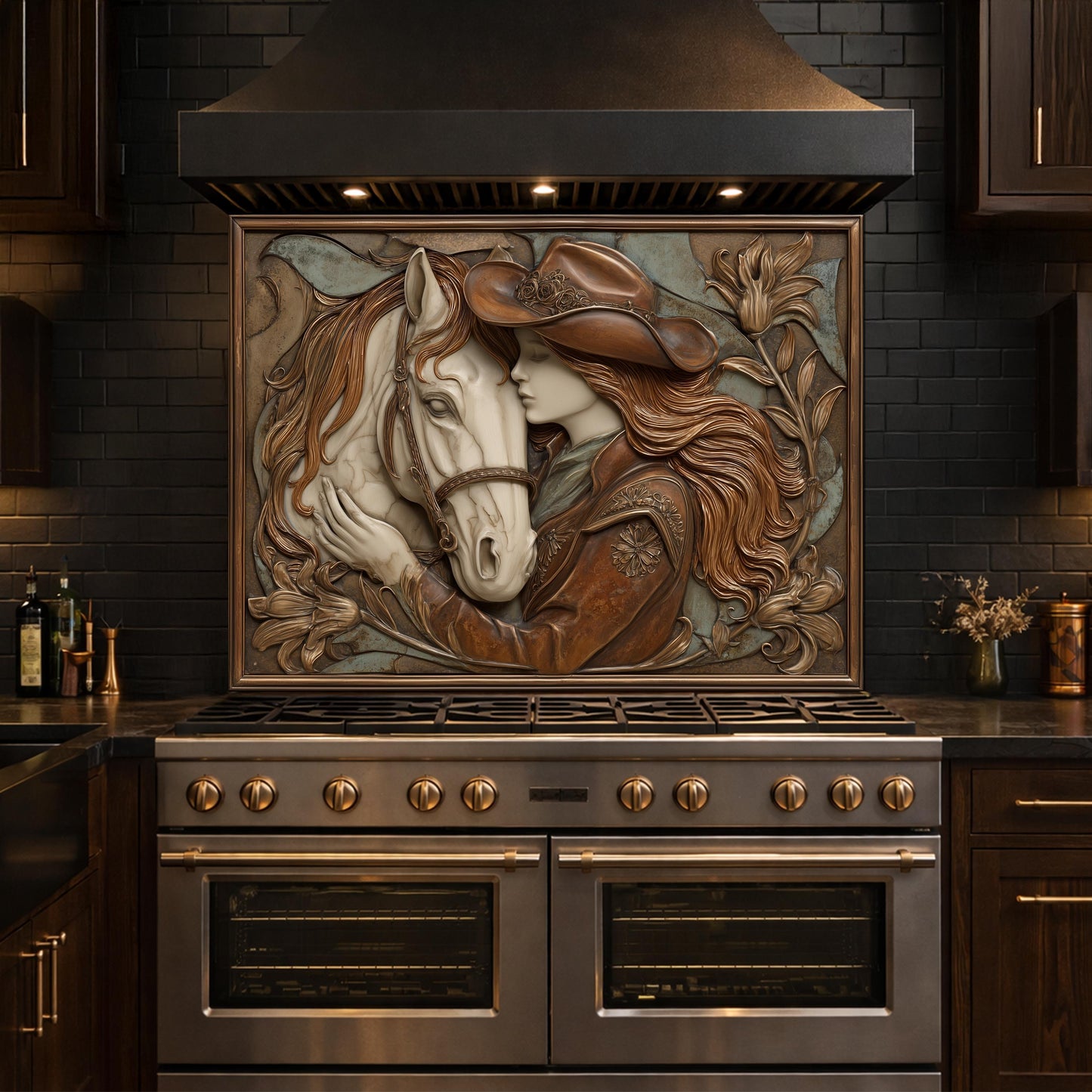 Cowgirl and Horse Bond Tempered Glass Backsplash, Western Relief Wall Panel, Stove Guard