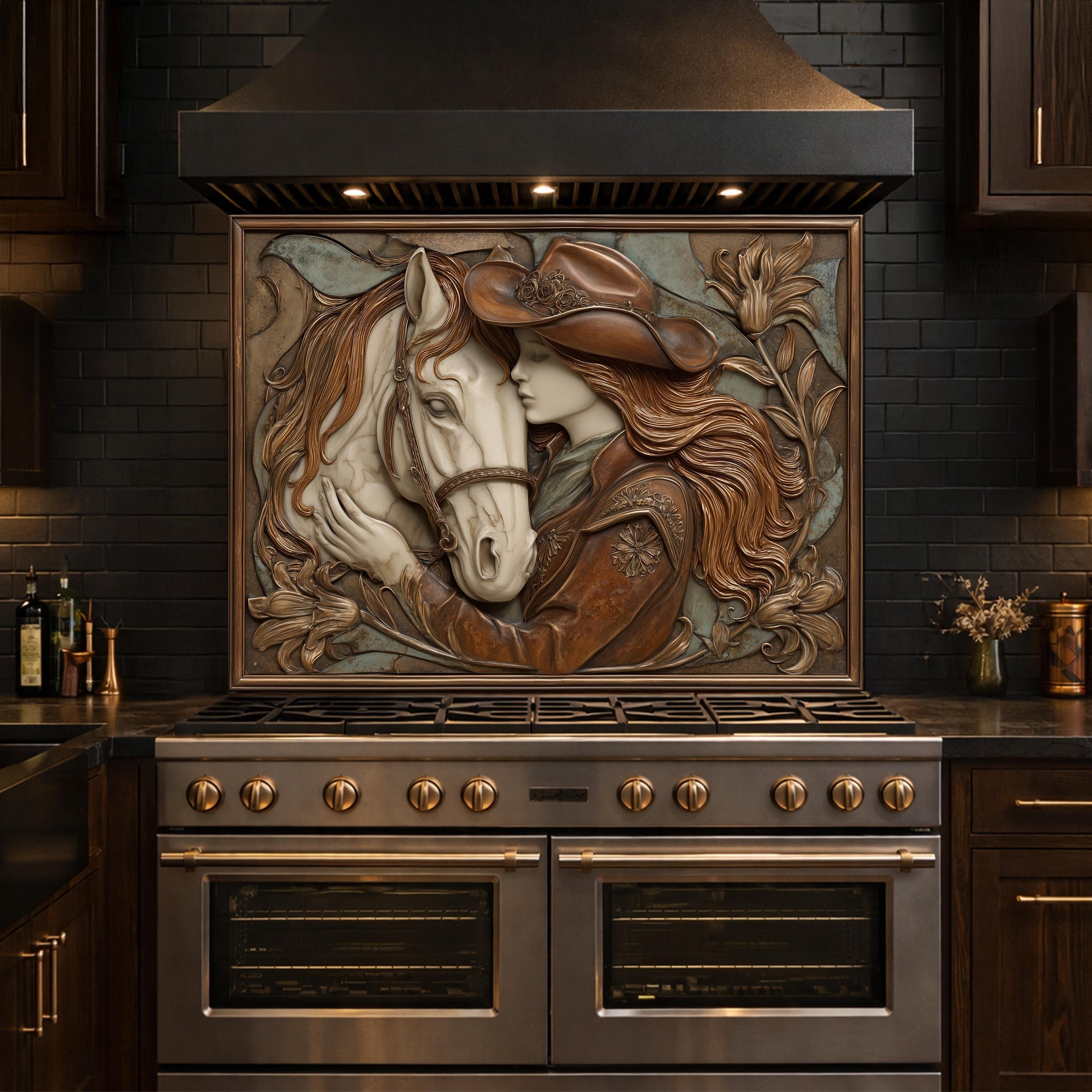 Cowgirl and Horse Bond Tempered Glass Backsplash, Western Relief Wall Panel, Stove Guard