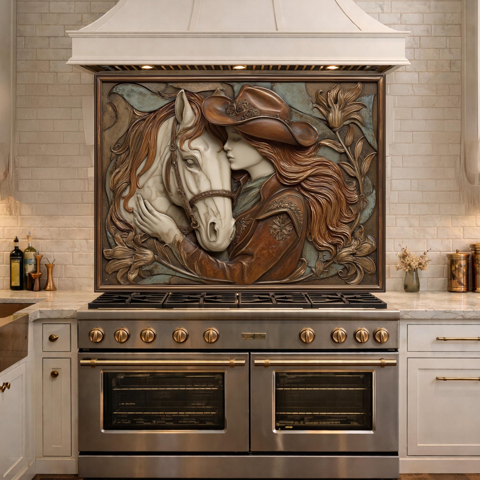 Cowgirl and Horse Bond Tempered Glass Backsplash, Western Relief Wall Panel, Stove Guard