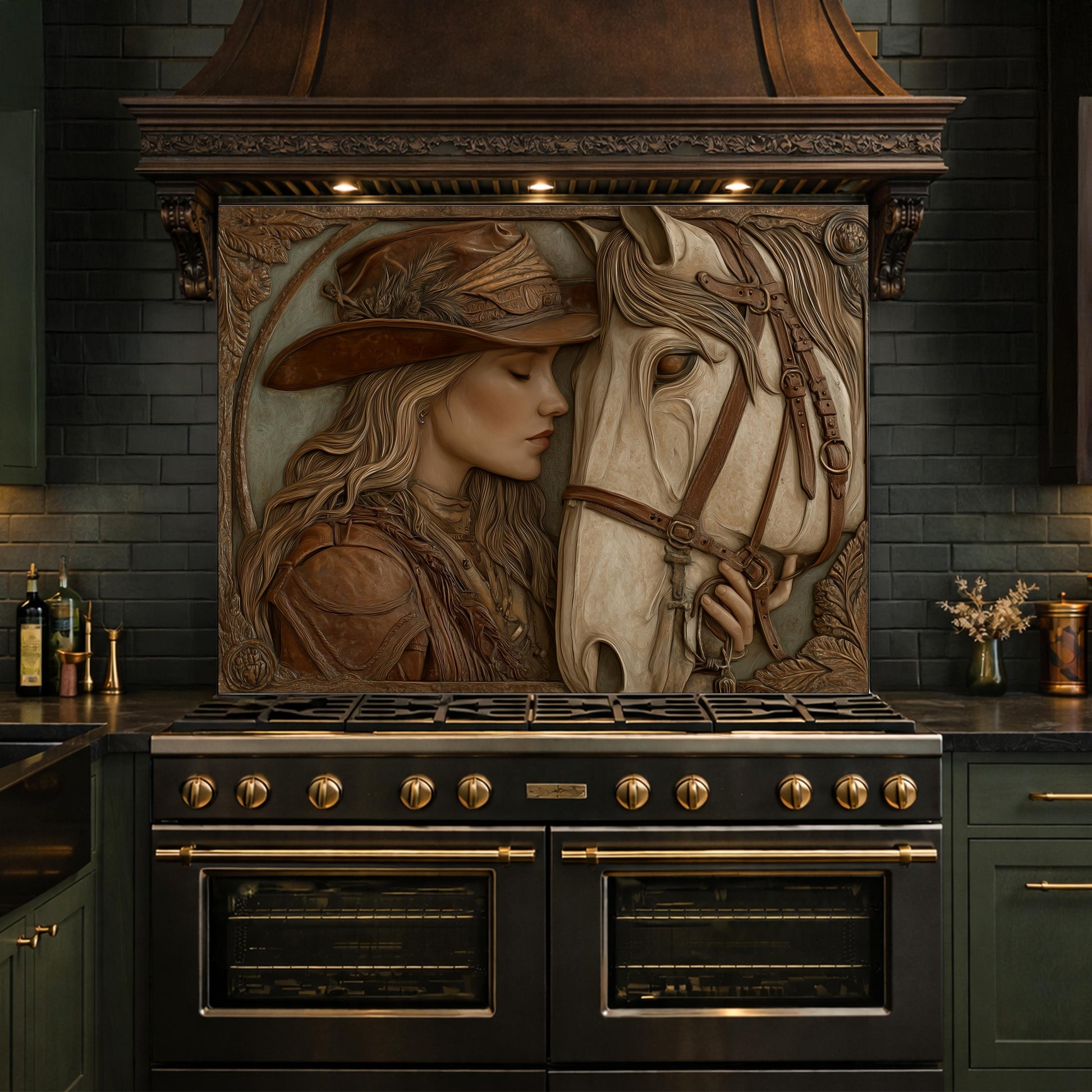 Western Cowgirl and Horse Tempered Glass Backsplash, Rustic Wood Carved Wall Panel, Stove Guard