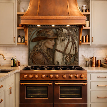 Western Cowgirl and Horse Tempered Glass Backsplash, Rustic Wood Carved Wall Panel, Stove Guard