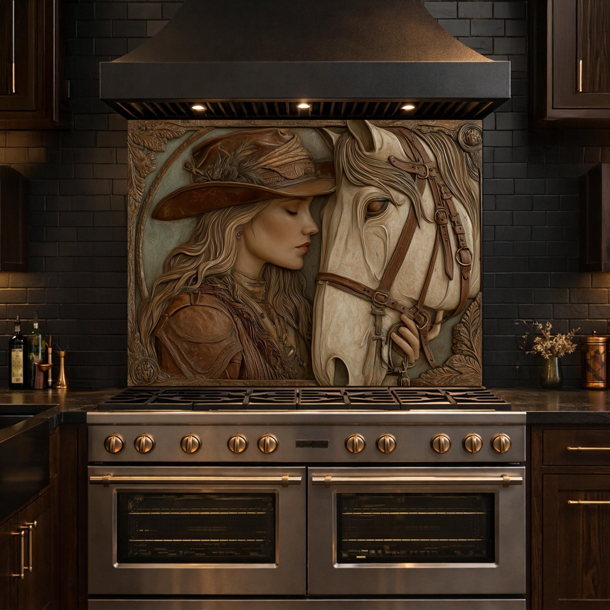Western Cowgirl and Horse Tempered Glass Backsplash, Rustic Wood Carved Wall Panel, Stove Guard