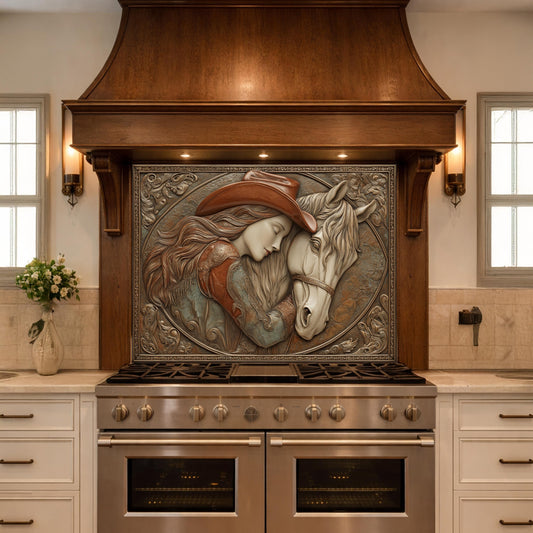 Romantic Cowgirl and Horse Bond Tempered Glass Backsplash, Rustic Western Relief Wall Panel