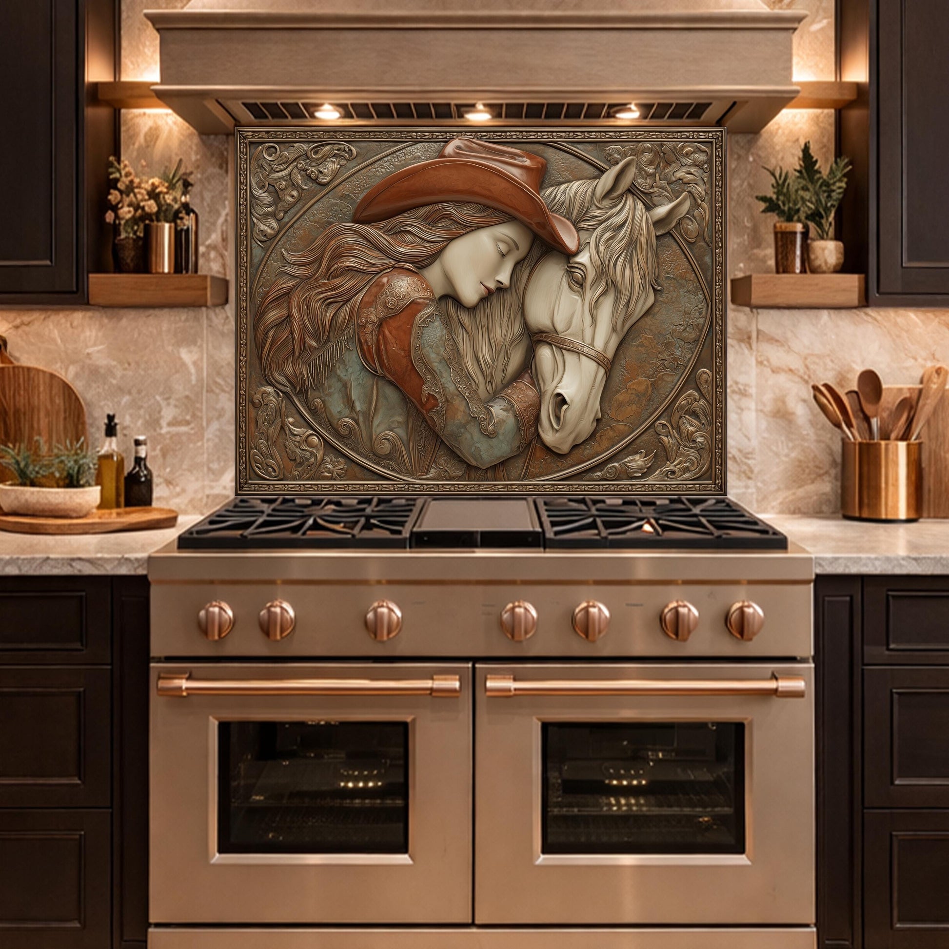Romantic Cowgirl and Horse Bond Tempered Glass Backsplash, Rustic Western Relief Wall Panel