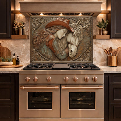 Romantic Cowgirl and Horse Bond Tempered Glass Backsplash, Rustic Western Relief Wall Panel