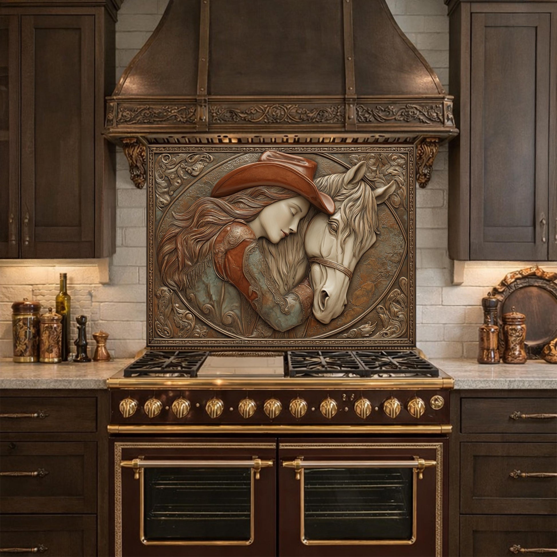 Romantic Cowgirl and Horse Bond Tempered Glass Backsplash, Rustic Western Relief Wall Panel