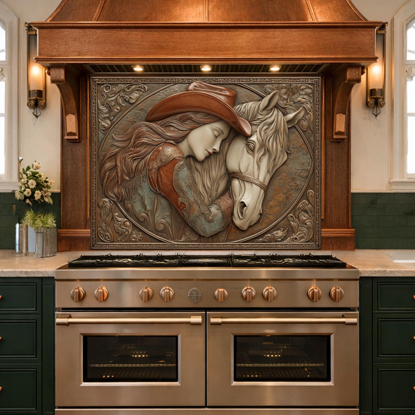 Romantic Cowgirl and Horse Bond Tempered Glass Backsplash, Rustic Western Relief Wall Panel