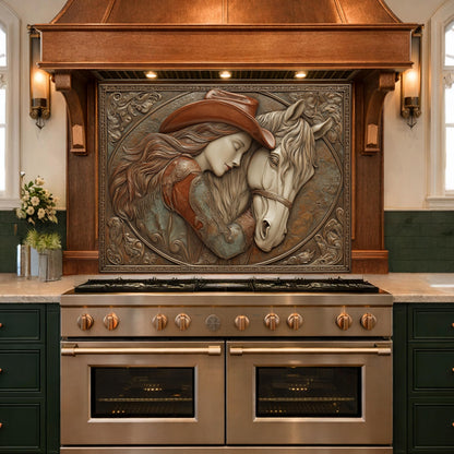 Romantic Cowgirl and Horse Bond Tempered Glass Backsplash, Rustic Western Relief Wall Panel