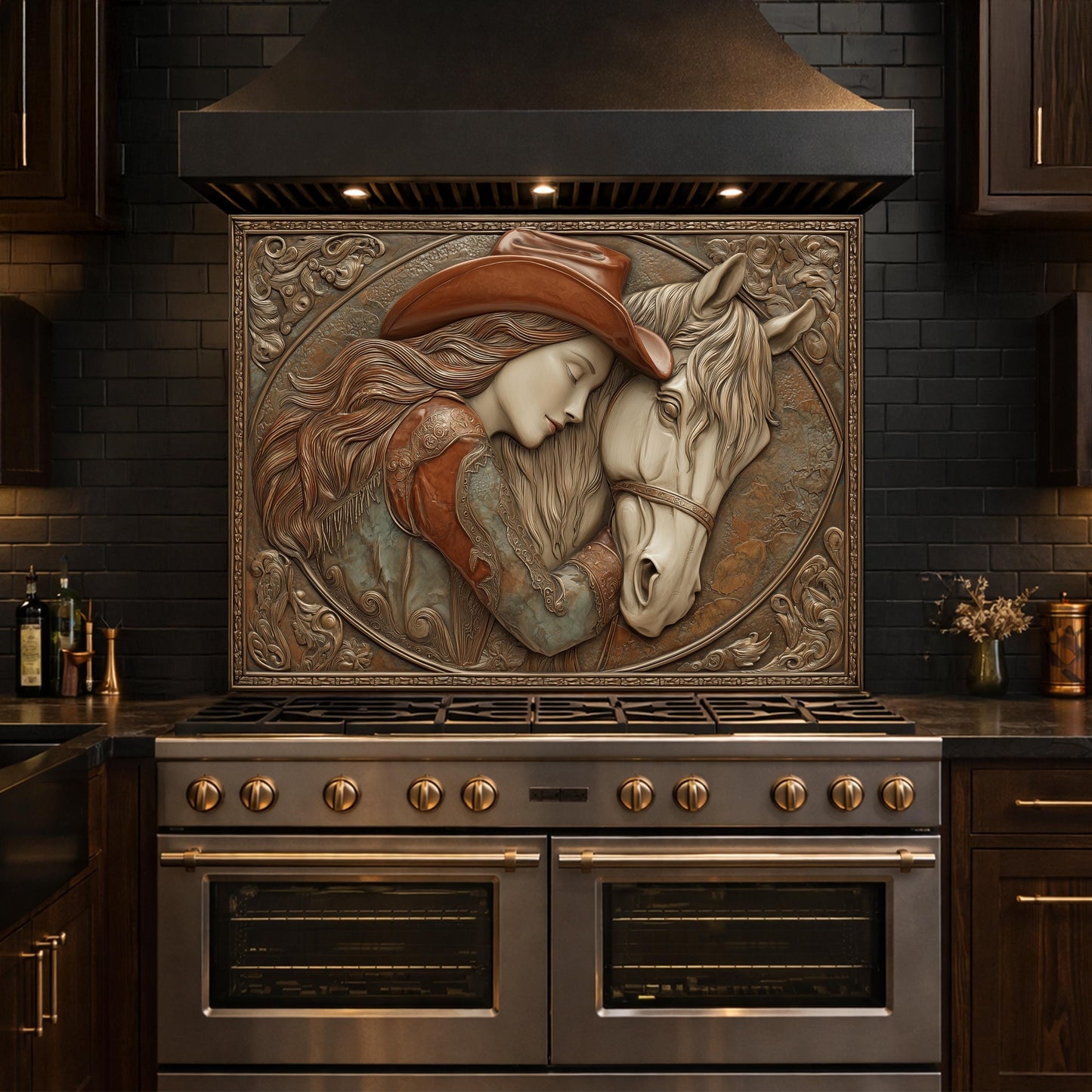 Romantic Cowgirl and Horse Bond Tempered Glass Backsplash, Rustic Western Relief Wall Panel
