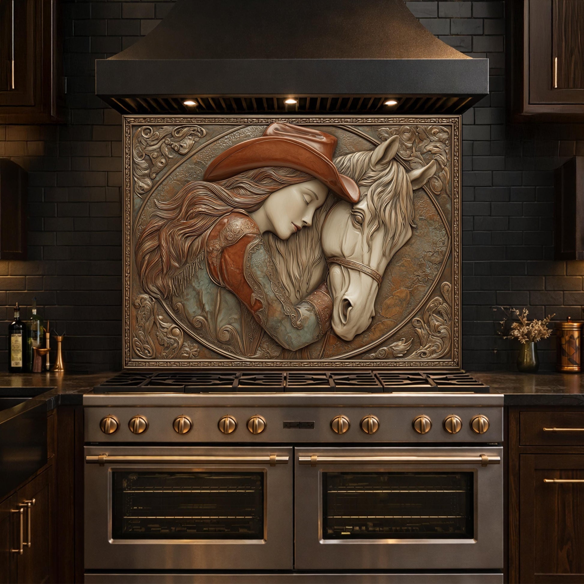 Romantic Cowgirl and Horse Bond Tempered Glass Backsplash, Rustic Western Relief Wall Panel