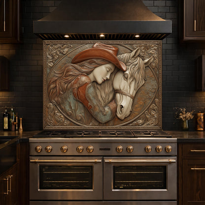 Romantic Cowgirl and Horse Bond Tempered Glass Backsplash, Rustic Western Relief Wall Panel