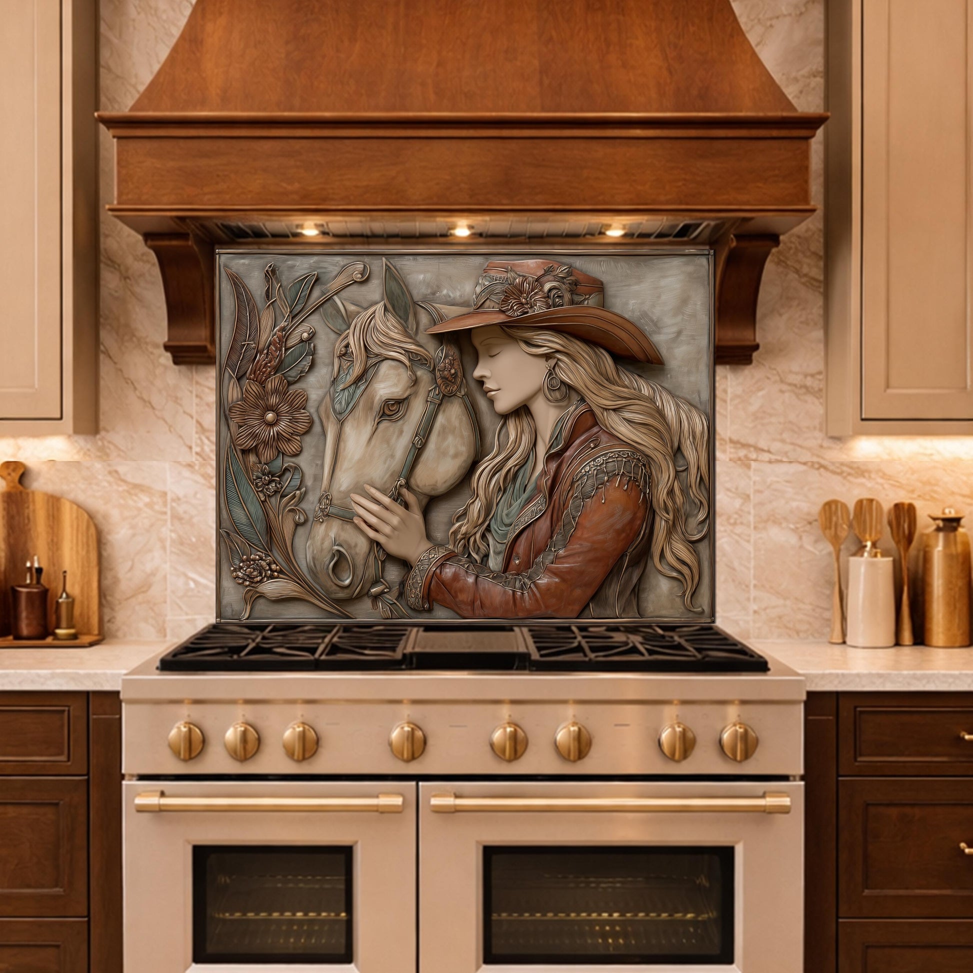 Equestrian Cowgirl Horse Tempered Glass Backsplash, Rustic Wood Relief Wall Panel