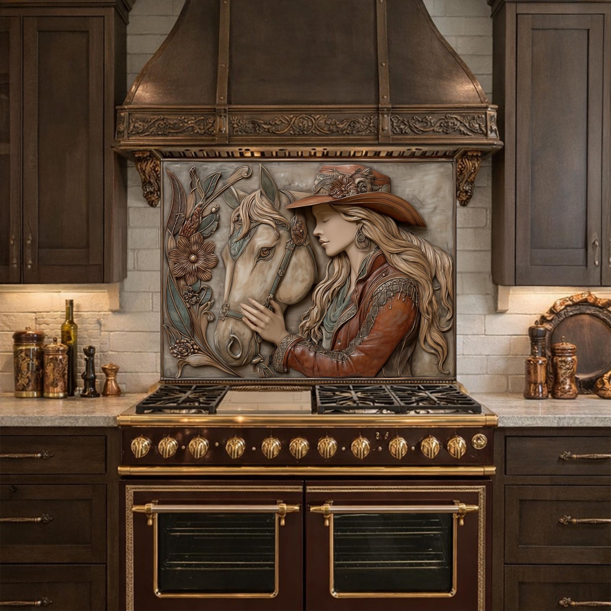 Equestrian Cowgirl Horse Tempered Glass Backsplash, Rustic Wood Relief Wall Panel