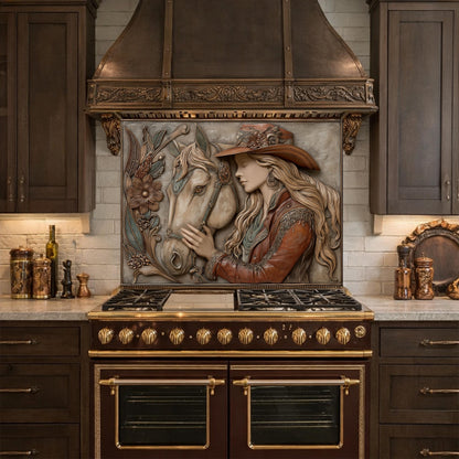 Equestrian Cowgirl Horse Tempered Glass Backsplash, Rustic Wood Relief Wall Panel