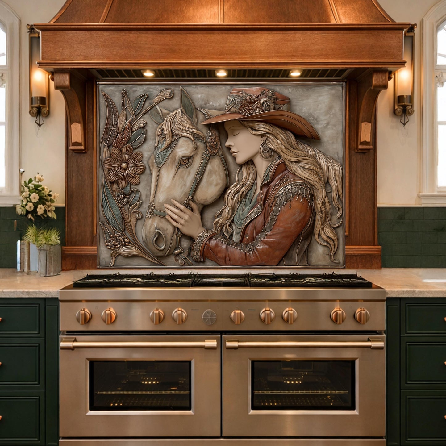 Equestrian Cowgirl Horse Tempered Glass Backsplash, Rustic Wood Relief Wall Panel