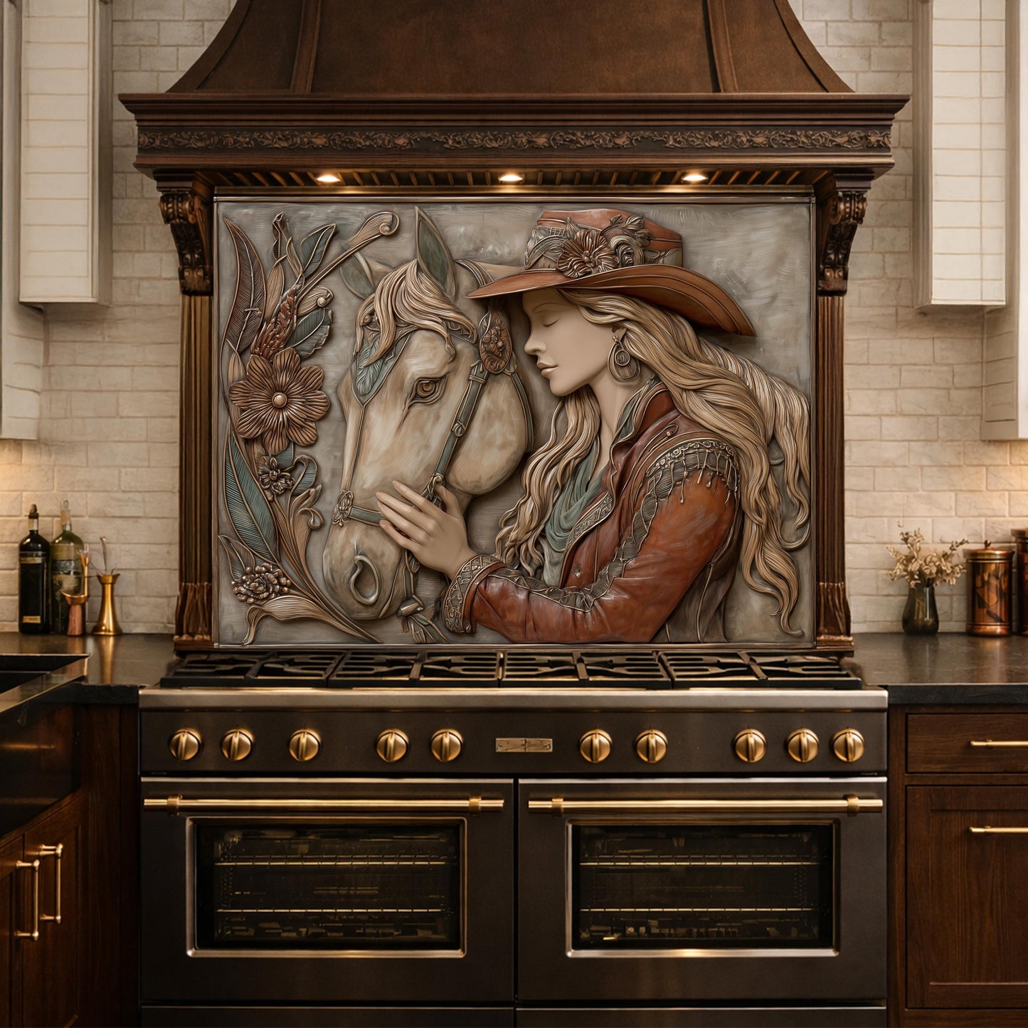 Equestrian Cowgirl Horse Tempered Glass Backsplash, Rustic Wood Relief Wall Panel