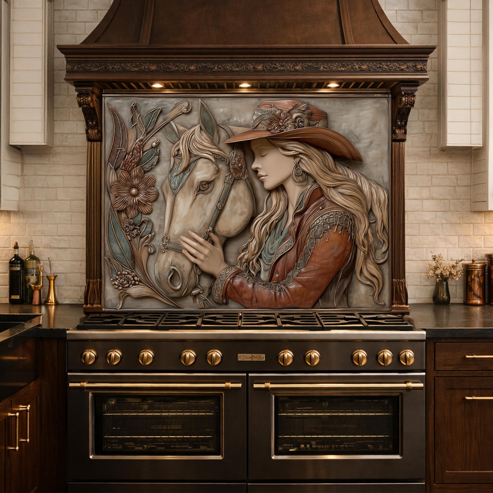 Equestrian Cowgirl Horse Tempered Glass Backsplash, Rustic Wood Relief Wall Panel