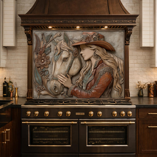 Equestrian Cowgirl Horse Tempered Glass Backsplash, Rustic Wood Relief Wall Panel