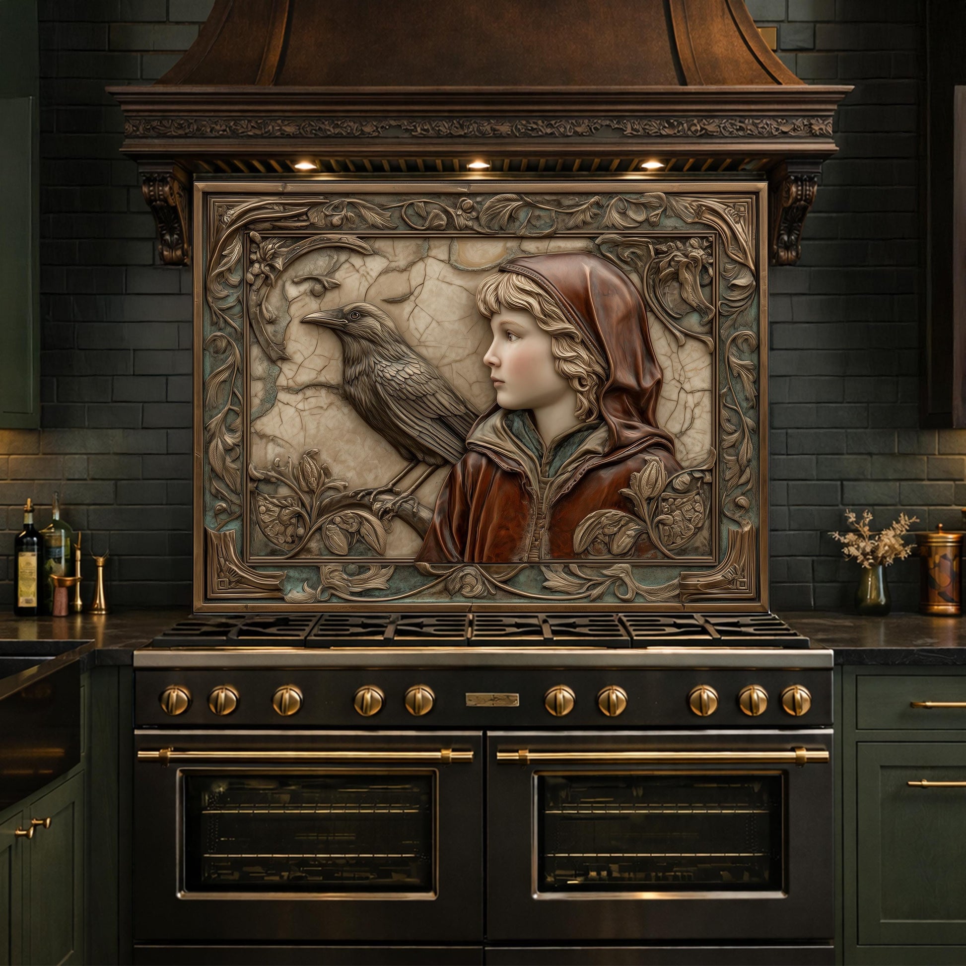 Ethereal Forest Child & Raven Tempered Glass Backsplash, Mythical Relief Wall Panel, Stove Guard