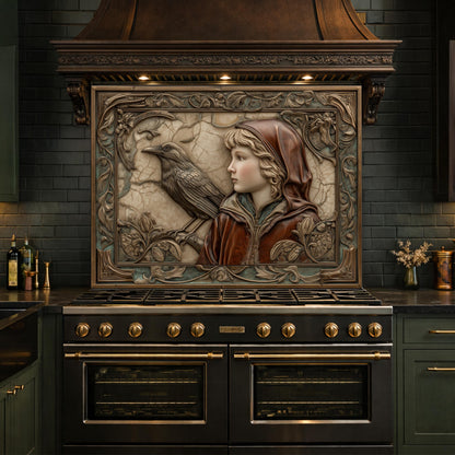 Ethereal Forest Child & Raven Tempered Glass Backsplash, Mythical Relief Wall Panel, Stove Guard