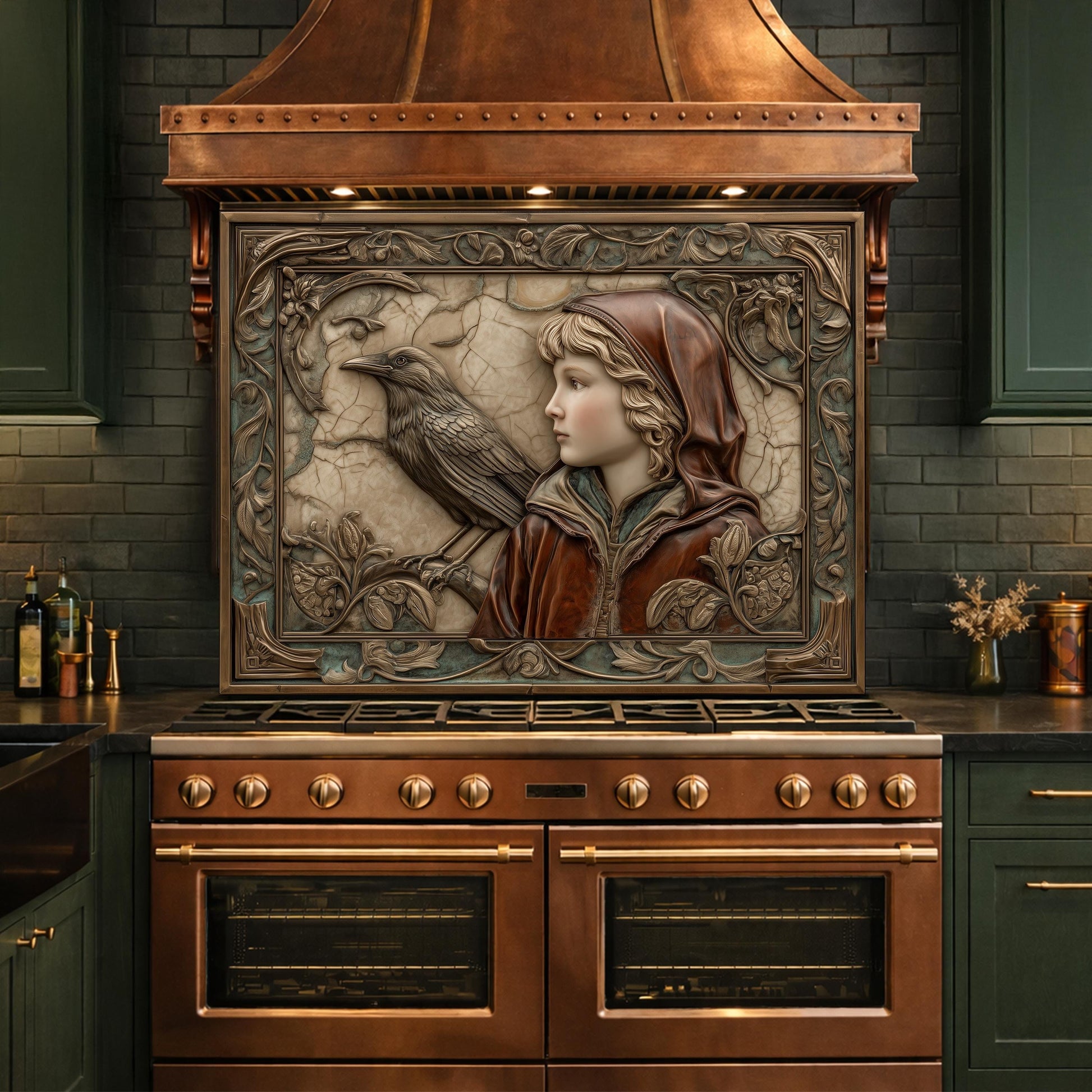 Ethereal Forest Child & Raven Tempered Glass Backsplash, Mythical Relief Wall Panel, Stove Guard