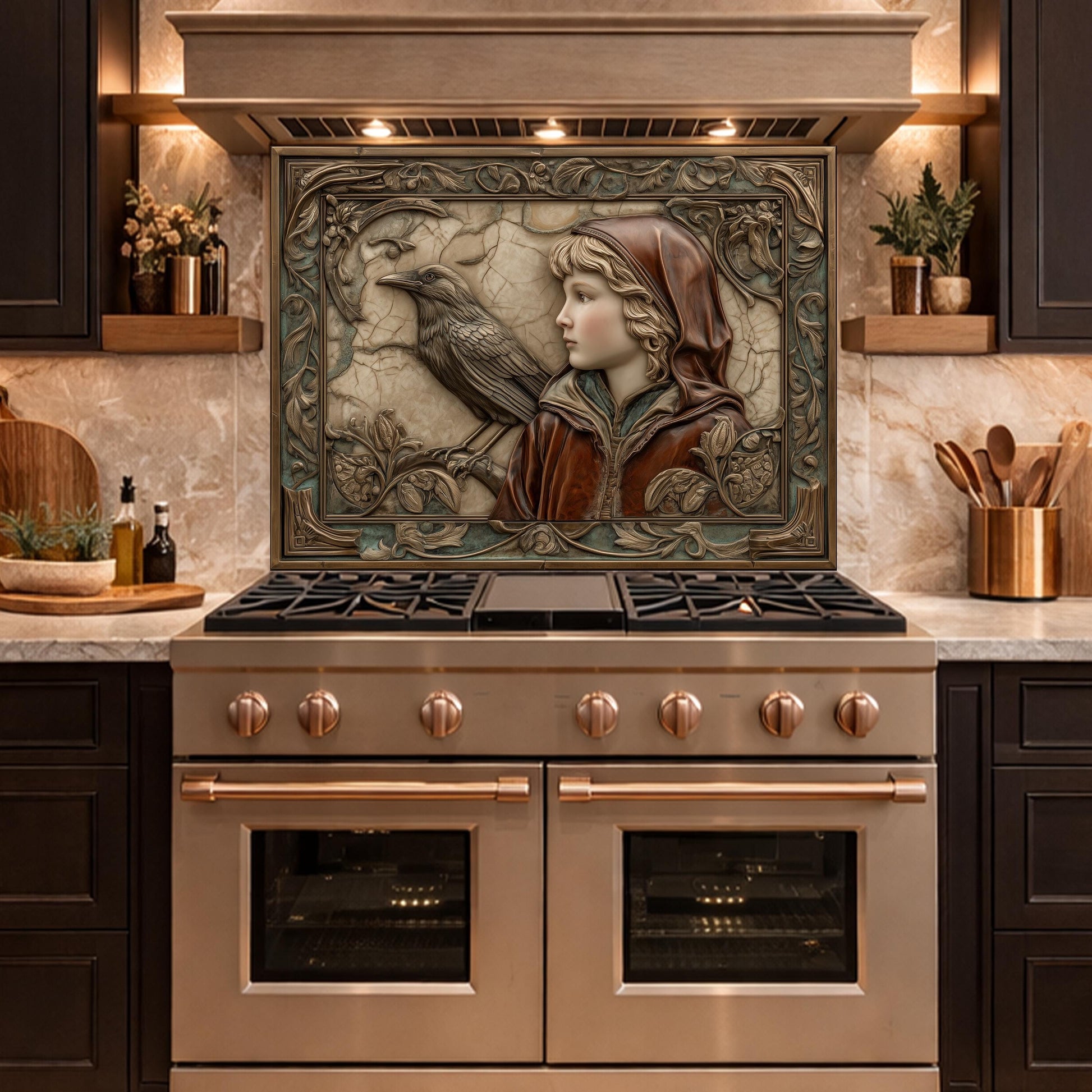 Ethereal Forest Child & Raven Tempered Glass Backsplash, Mythical Relief Wall Panel, Stove Guard