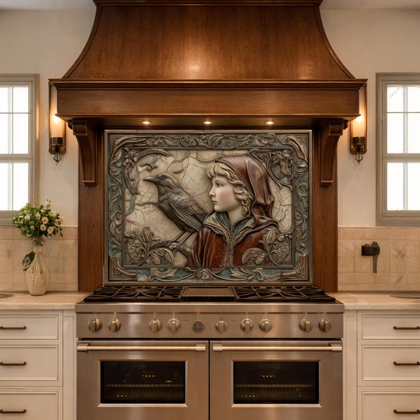 Ethereal Forest Child & Raven Tempered Glass Backsplash, Mythical Relief Wall Panel, Stove Guard