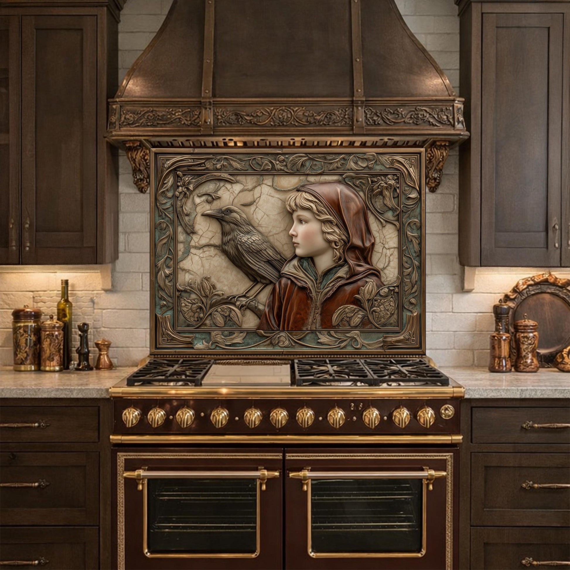 Ethereal Forest Child & Raven Tempered Glass Backsplash, Mythical Relief Wall Panel, Stove Guard