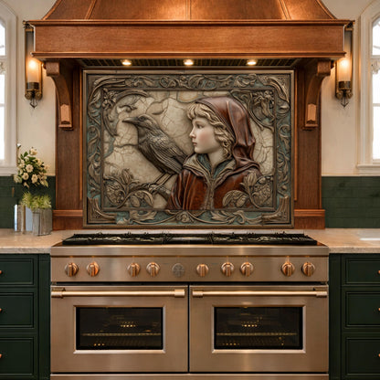 Ethereal Forest Child & Raven Tempered Glass Backsplash, Mythical Relief Wall Panel, Stove Guard
