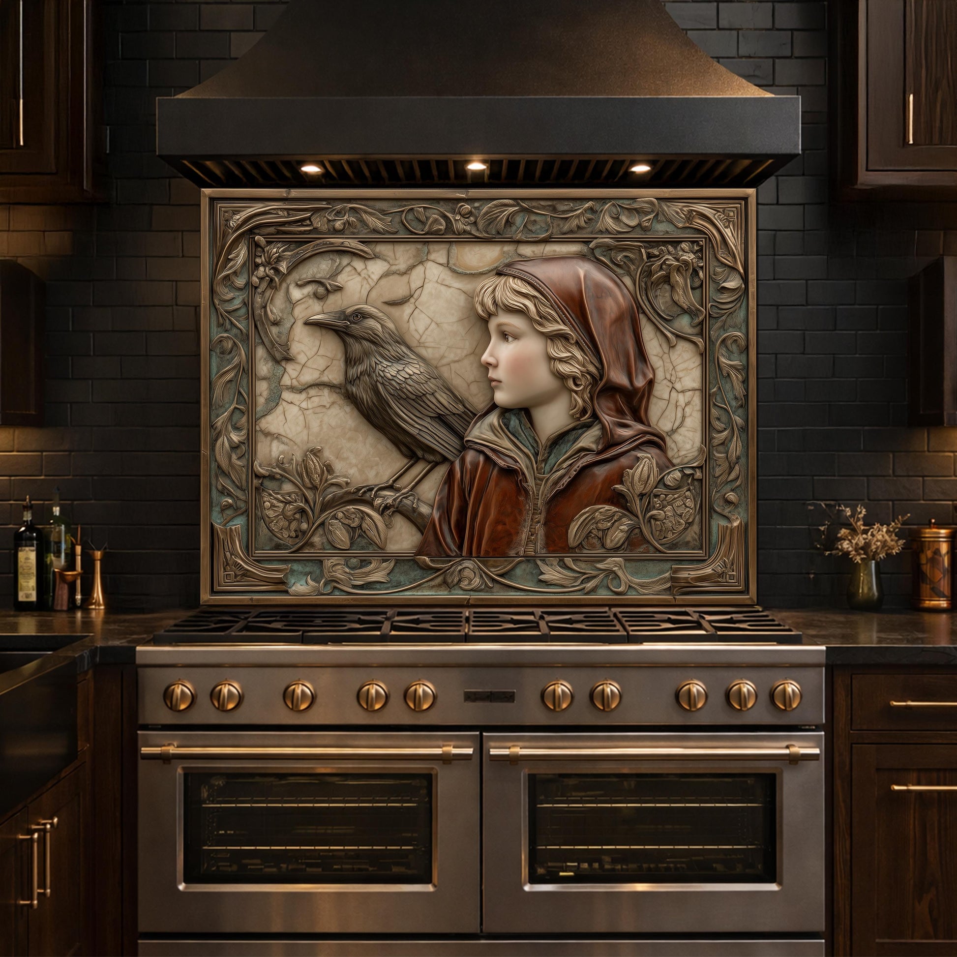 Ethereal Forest Child & Raven Tempered Glass Backsplash, Mythical Relief Wall Panel, Stove Guard