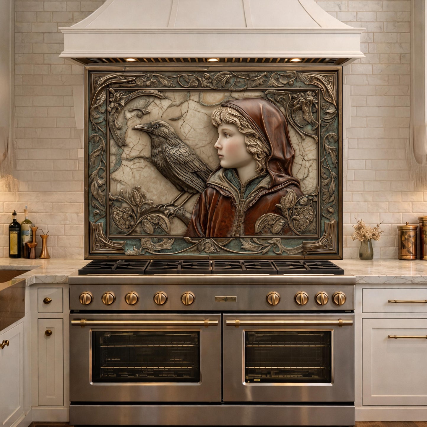 Ethereal Forest Child & Raven Tempered Glass Backsplash, Mythical Relief Wall Panel, Stove Guard