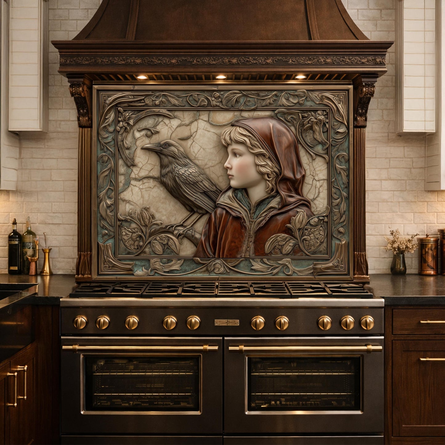 Ethereal Forest Child & Raven Tempered Glass Backsplash, Mythical Relief Wall Panel, Stove Guard