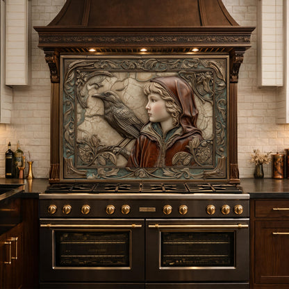 Ethereal Forest Child & Raven Tempered Glass Backsplash, Mythical Relief Wall Panel, Stove Guard