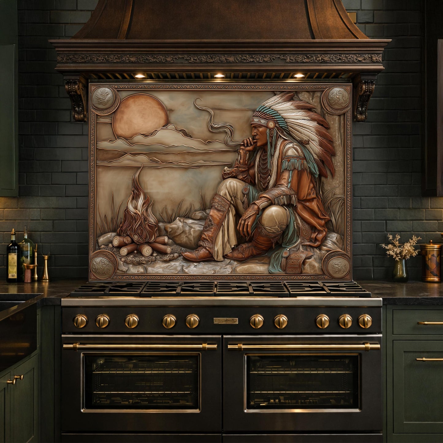 Native American Leader Campfire Relief Tempered Glass Backsplash, Western Heritage Wall Panel, Stove Guard