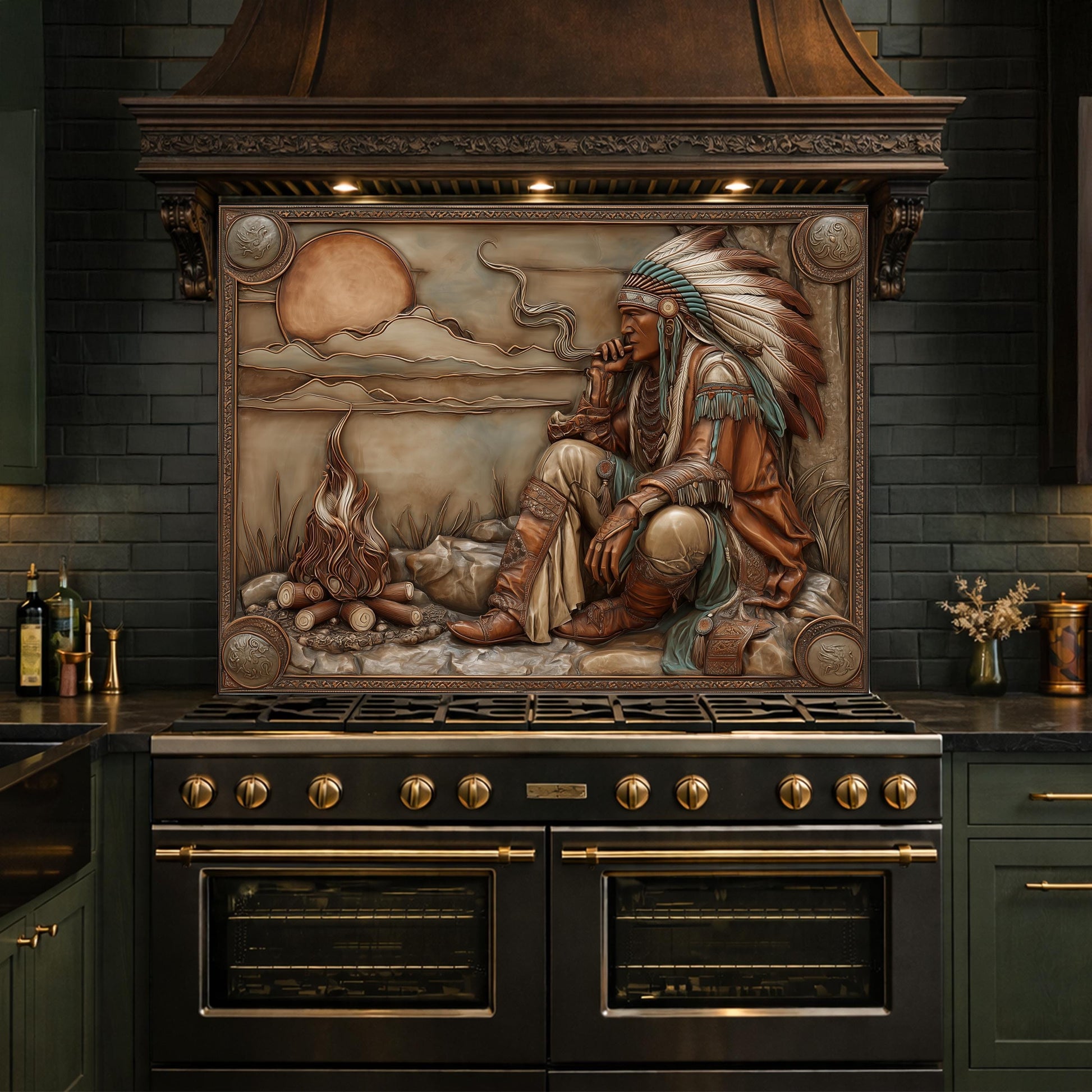 Native American Leader Campfire Relief Tempered Glass Backsplash, Western Heritage Wall Panel, Stove Guard