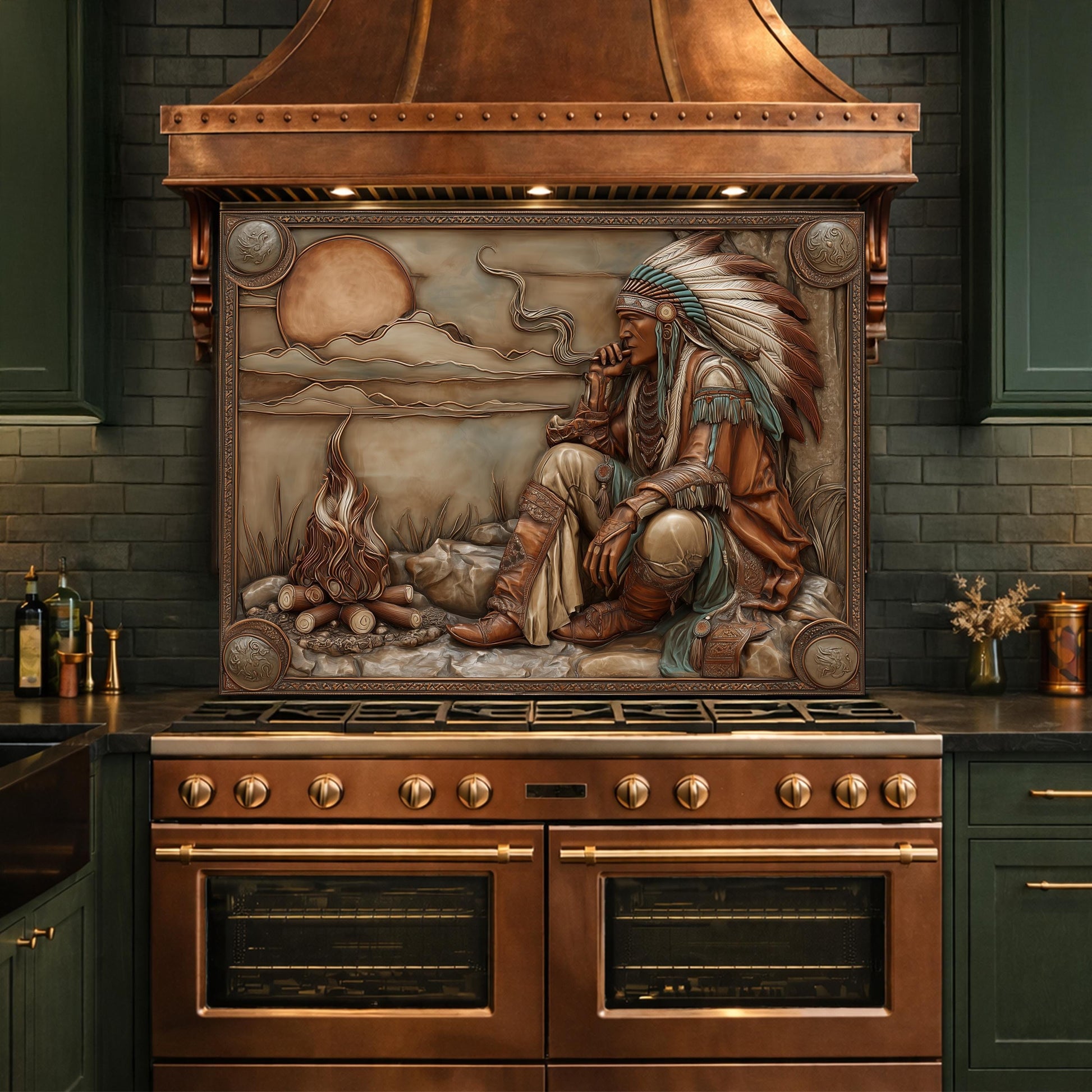 Native American Leader Campfire Relief Tempered Glass Backsplash, Western Heritage Wall Panel, Stove Guard